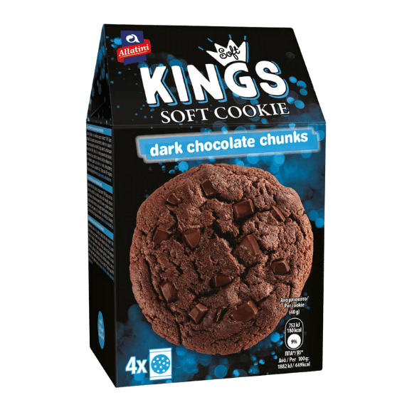 Kings Soft Cookie Dark Chocolate Chunks (160g) Allatini von Allatini bei Araxxon - Hochwertiges griechisches Produkt. Kings Soft Cookie Dark Chocolate Chunks (160g) Allatini από Allatini στο Araxxon - Αυθεντικό ελληνικό προϊόν.